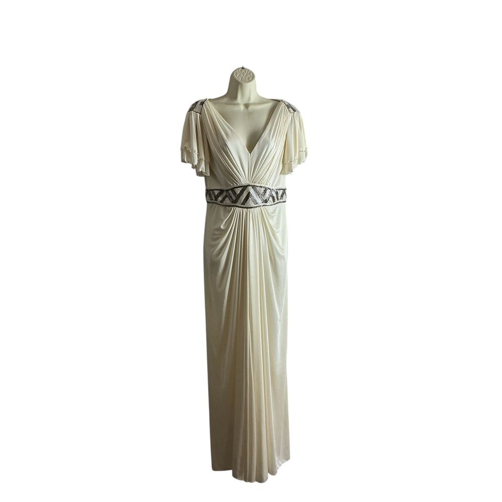 Ruth Chagnon Vintage Beaded Draped Flutter Sleeve Cream Maxi Dress Large